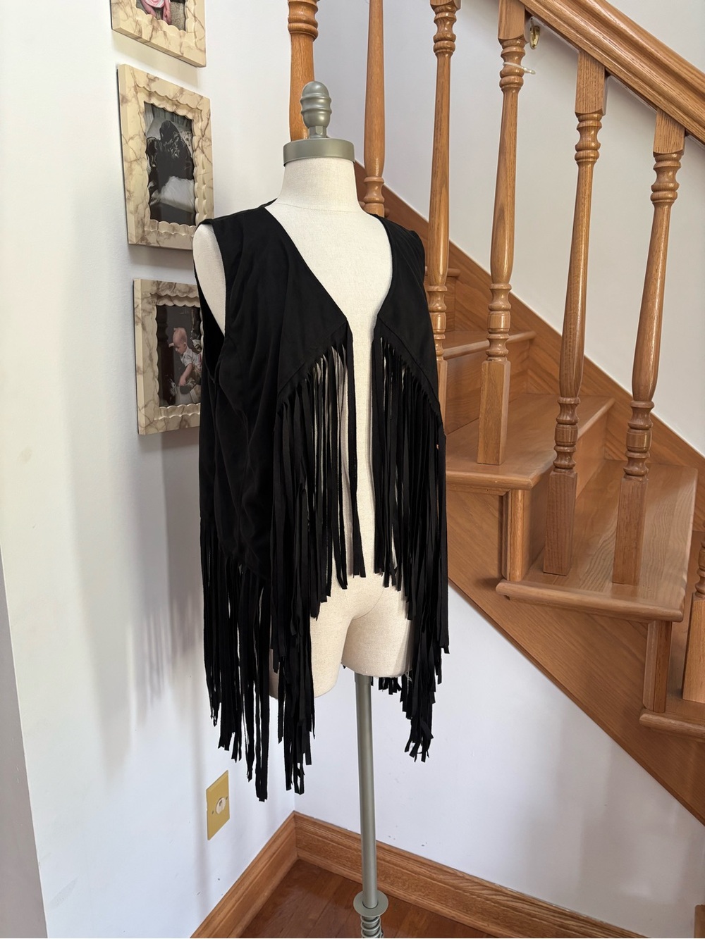 Allegra K Black Faux Suede Lightweight Fringe Open Vest